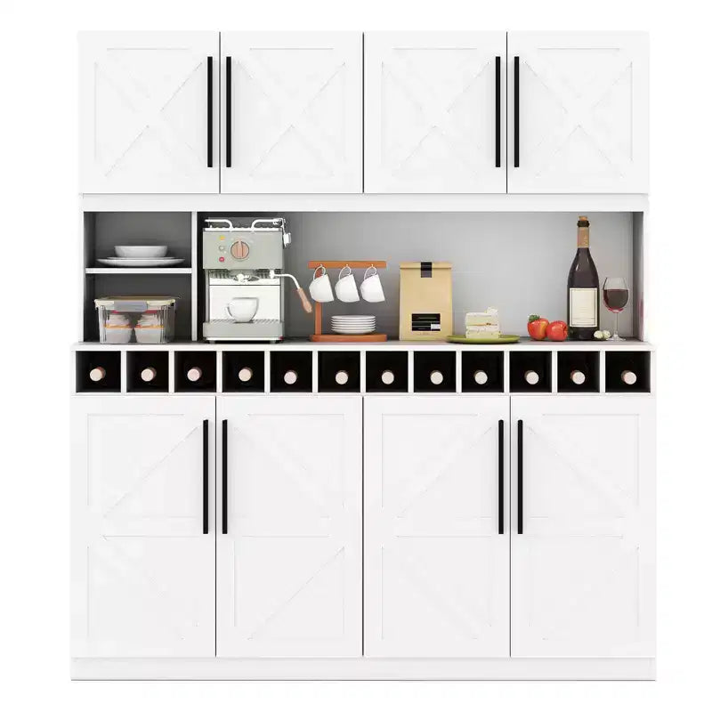 Costway 63'' Wide Kitchen Buffet Hutch w/4 Cabinets 2 Open Shelves & 12-Bottle Wine Rack