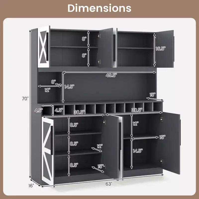 Costway 63'' Wide Kitchen Buffet Hutch w/4 Cabinets 2 Open Shelves & 12-Bottle Wine Rack