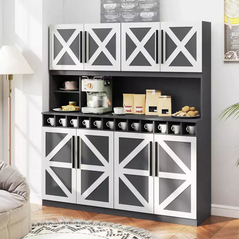 Costway 63'' Wide Kitchen Buffet Hutch w/4 Cabinets 2 Open Shelves & 12-Bottle Wine Rack
