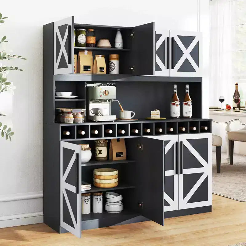 Costway 63'' Wide Kitchen Buffet Hutch w/4 Cabinets 2 Open Shelves & 12-Bottle Wine Rack