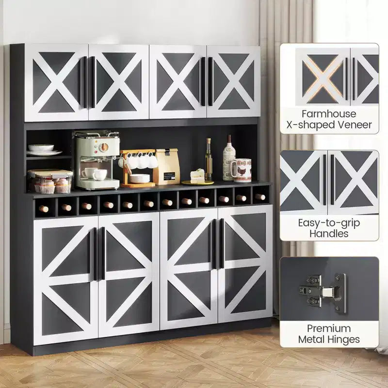Costway 63'' Wide Kitchen Buffet Hutch w/4 Cabinets 2 Open Shelves & 12-Bottle Wine Rack