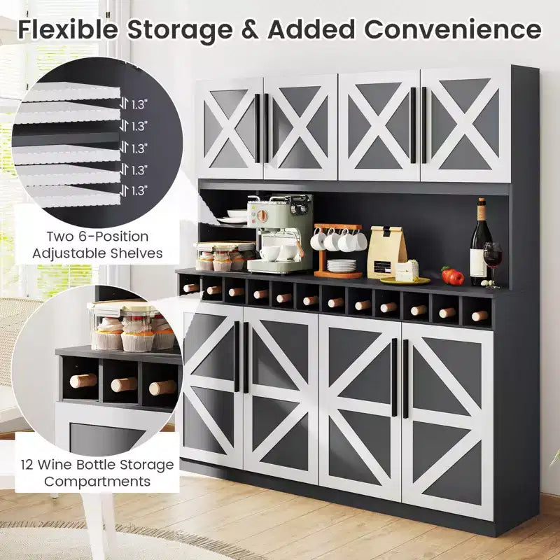Costway 63'' Wide Kitchen Buffet Hutch w/4 Cabinets 2 Open Shelves & 12-Bottle Wine Rack