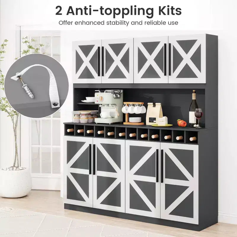 Costway 63'' Wide Kitchen Buffet Hutch w/4 Cabinets 2 Open Shelves & 12-Bottle Wine Rack