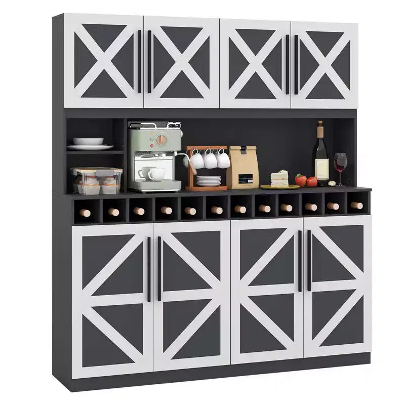 Costway 63'' Wide Kitchen Buffet Hutch w/4 Cabinets 2 Open Shelves & 12-Bottle Wine Rack
