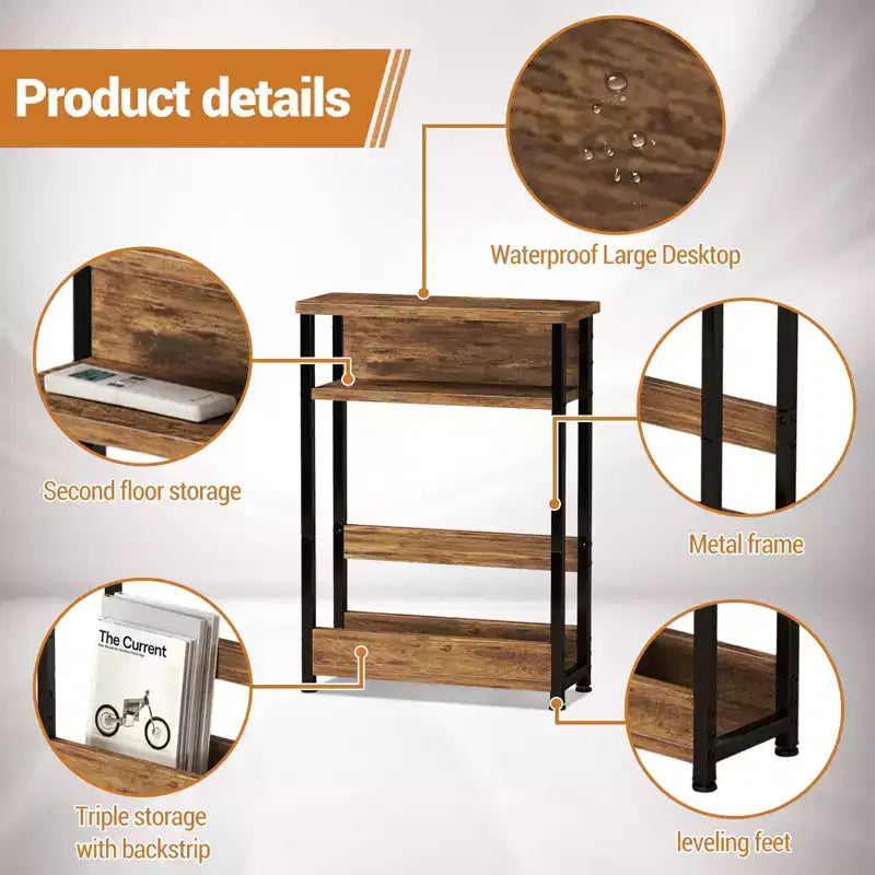 Narrow Side Table with 3 Shelves & Magazine Holder Coffee Table for Sofa, Bedside & Small Spaces, Reading Table for Living Room, Bedroom