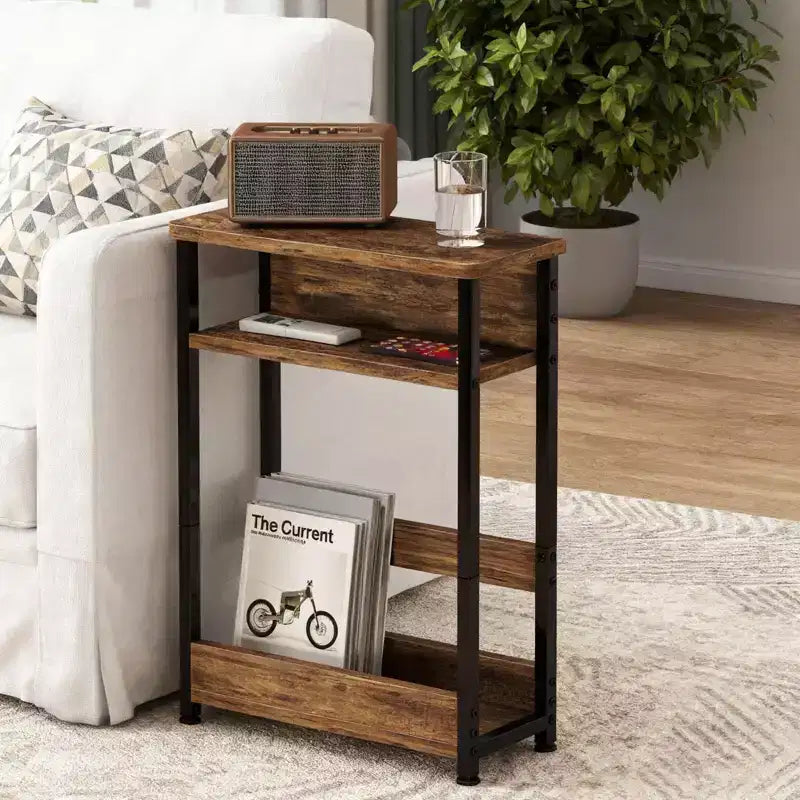 Narrow Side Table with 3 Shelves & Magazine Holder Coffee Table for Sofa, Bedside & Small Spaces, Reading Table for Living Room, Bedroom