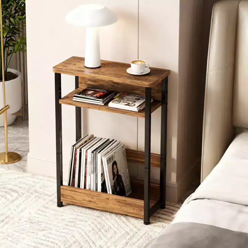 Narrow Side Table with 3 Shelves & Magazine Holder Coffee Table for Sofa, Bedside & Small Spaces, Reading Table for Living Room, Bedroom
