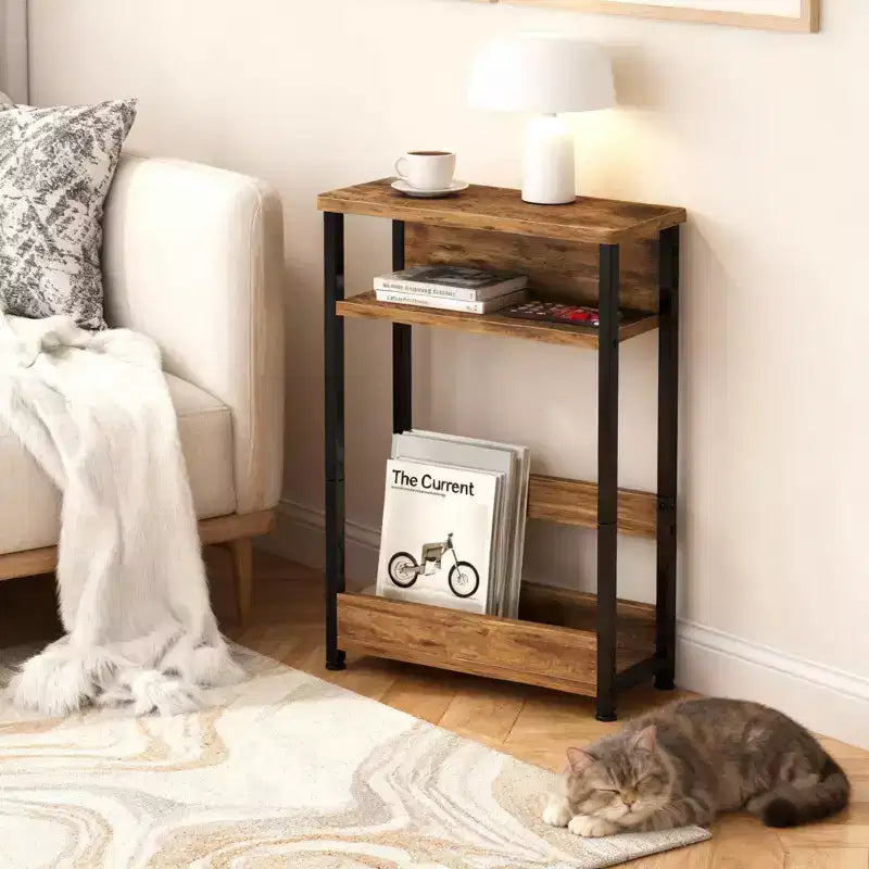 Narrow Side Table with 3 Shelves & Magazine Holder Coffee Table for Sofa, Bedside & Small Spaces, Reading Table for Living Room, Bedroom
