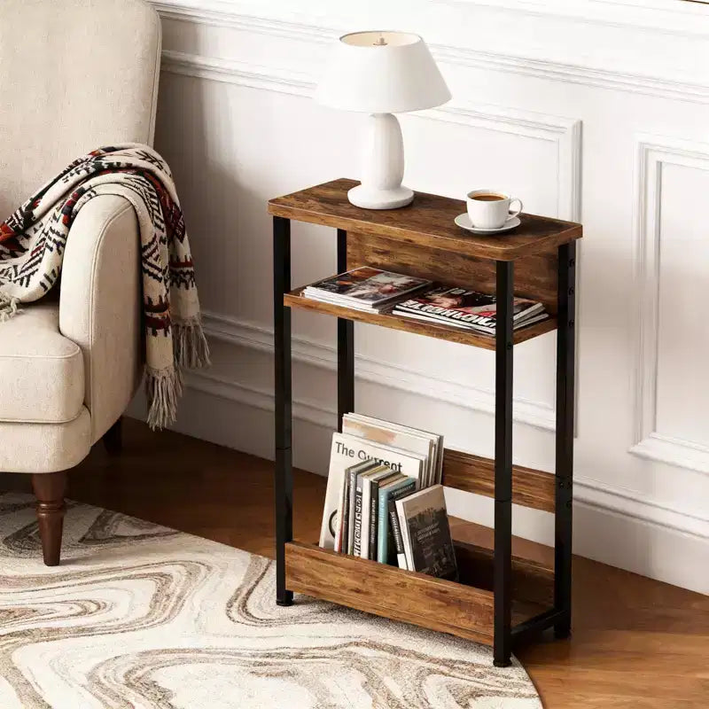 Narrow Side Table with 3 Shelves & Magazine Holder Coffee Table for Sofa, Bedside & Small Spaces, Reading Table for Living Room, Bedroom