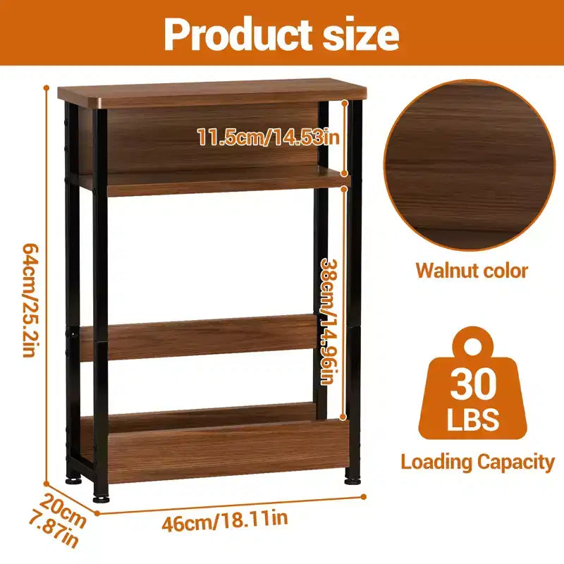 Narrow Side Table with 3 Shelves & Magazine Holder Coffee Table for Sofa, Bedside & Small Spaces, Reading Table for Living Room, Bedroom