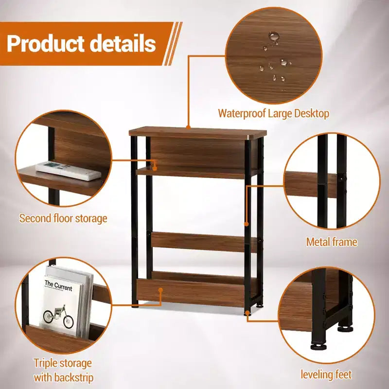 Narrow Side Table with 3 Shelves & Magazine Holder Coffee Table for Sofa, Bedside & Small Spaces, Reading Table for Living Room, Bedroom