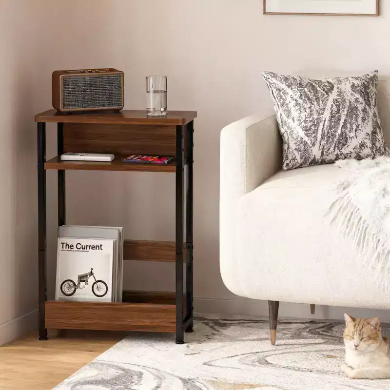 Narrow Side Table with 3 Shelves & Magazine Holder Coffee Table for Sofa, Bedside & Small Spaces, Reading Table for Living Room, Bedroom