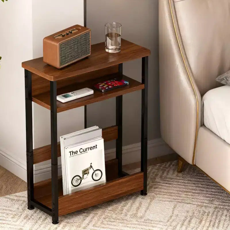Narrow Side Table with 3 Shelves & Magazine Holder Coffee Table for Sofa, Bedside & Small Spaces, Reading Table for Living Room, Bedroom