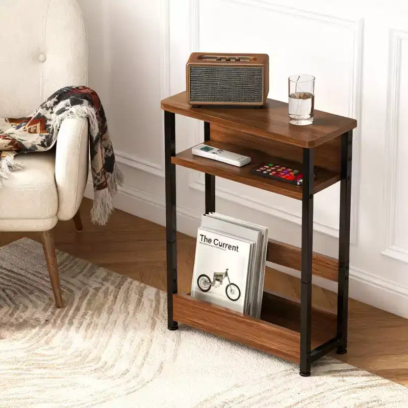 Narrow Side Table with 3 Shelves & Magazine Holder Coffee Table for Sofa, Bedside & Small Spaces, Reading Table for Living Room, Bedroom