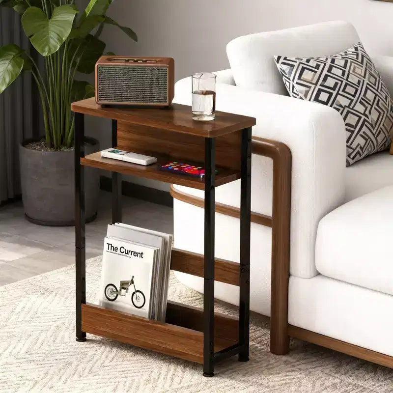 Narrow Side Table with 3 Shelves & Magazine Holder Coffee Table for Sofa, Bedside & Small Spaces, Reading Table for Living Room, Bedroom