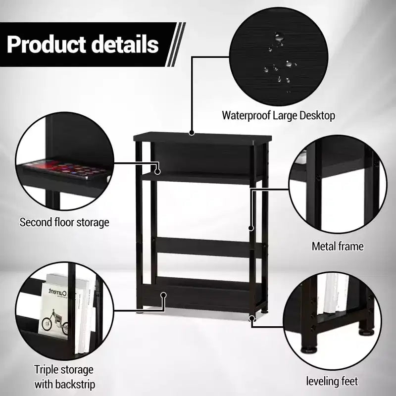 Narrow Side Table with 3 Shelves & Magazine Holder Coffee Table for Sofa, Bedside & Small Spaces, Reading Table for Living Room, Bedroom