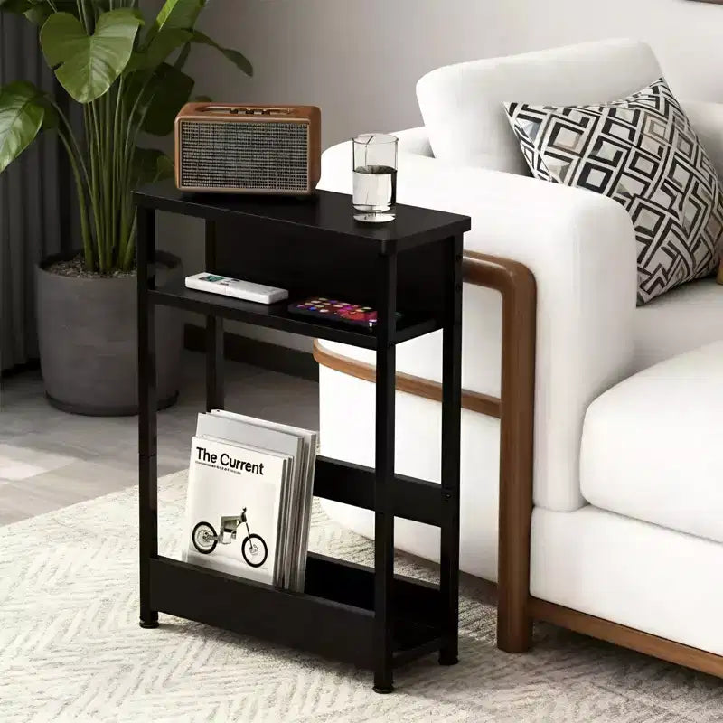 Narrow Side Table with 3 Shelves & Magazine Holder Coffee Table for Sofa, Bedside & Small Spaces, Reading Table for Living Room, Bedroom