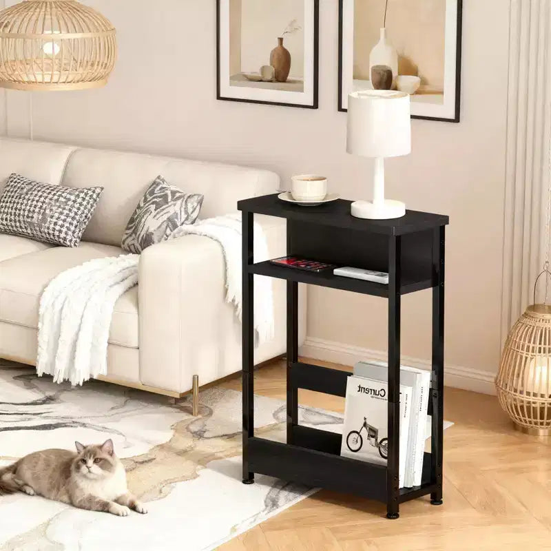 Narrow Side Table with 3 Shelves & Magazine Holder Coffee Table for Sofa, Bedside & Small Spaces, Reading Table for Living Room, Bedroom