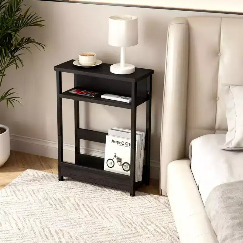 Narrow Side Table with 3 Shelves & Magazine Holder Coffee Table for Sofa, Bedside & Small Spaces, Reading Table for Living Room, Bedroom