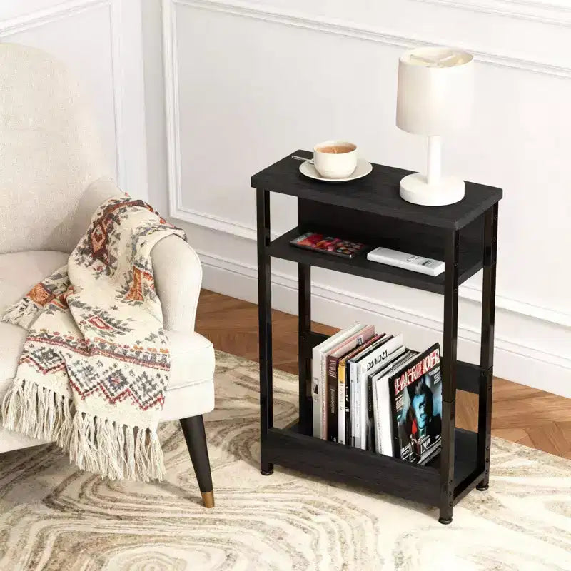 Narrow Side Table with 3 Shelves & Magazine Holder Coffee Table for Sofa, Bedside & Small Spaces, Reading Table for Living Room, Bedroom