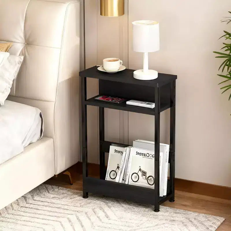 Narrow Side Table with 3 Shelves & Magazine Holder Coffee Table for Sofa, Bedside & Small Spaces, Reading Table for Living Room, Bedroom