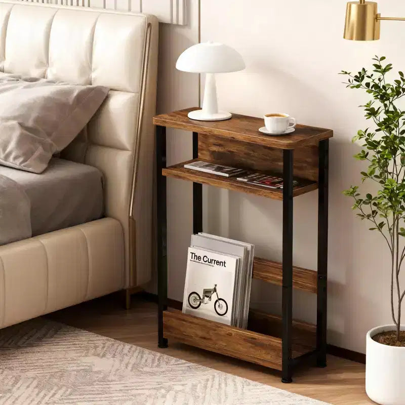 Narrow Side Table with 3 Shelves & Magazine Holder Coffee Table for Sofa, Bedside & Small Spaces, Reading Table for Living Room, Bedroom