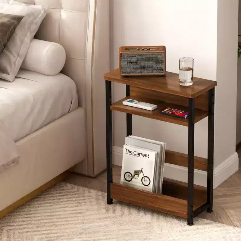 Narrow Side Table with 3 Shelves & Magazine Holder Coffee Table for Sofa, Bedside & Small Spaces, Reading Table for Living Room, Bedroom