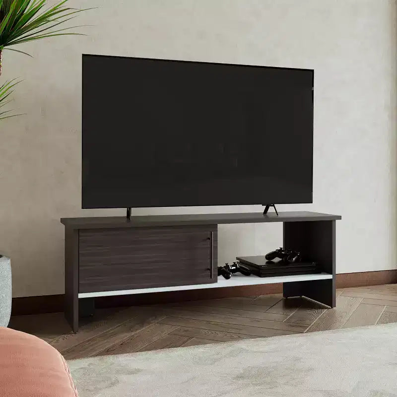 JVNOXK 47 Wide Tv Stand with One Door Cabinet and Open Shelf for Living Room, Entertainment Center Dark Walnut - White