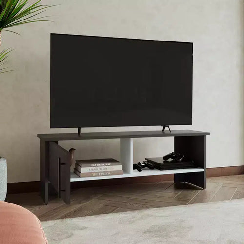 JVNOXK 47 Wide Tv Stand with One Door Cabinet and Open Shelf for Living Room, Entertainment Center Dark Walnut - White