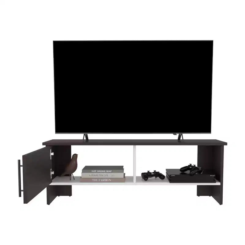 JVNOXK 47 Wide Tv Stand with One Door Cabinet and Open Shelf for Living Room, Entertainment Center Dark Walnut - White