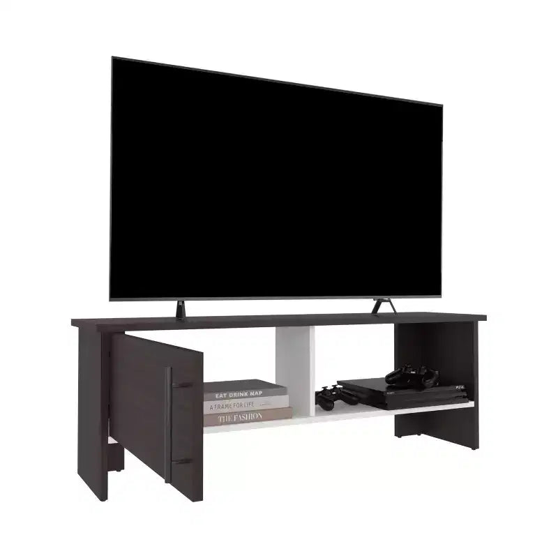 JVNOXK 47 Wide Tv Stand with One Door Cabinet and Open Shelf for Living Room, Entertainment Center Dark Walnut - White