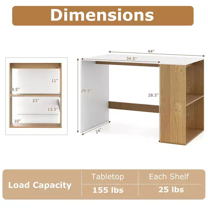Costway Computer Desk 44'' Home Office Desk w/ 2-Tier Bookshelf Study Writing Desk
