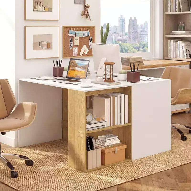 Costway Computer Desk 44'' Home Office Desk w/ 2-Tier Bookshelf Study Writing Desk