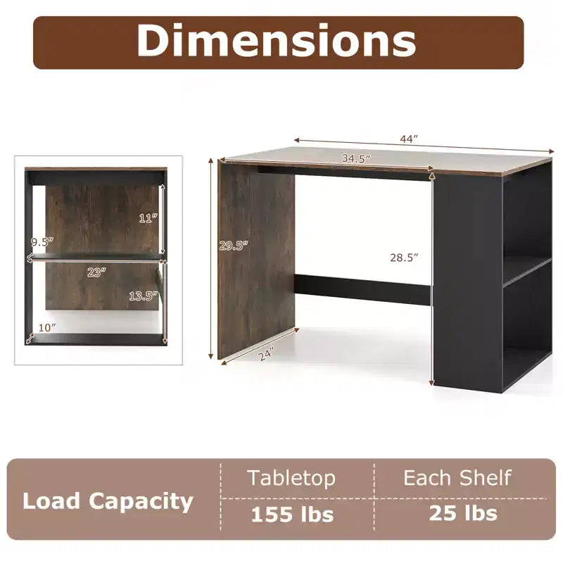 Costway Computer Desk 44'' Home Office Desk w/ 2-Tier Bookshelf Study Writing Desk