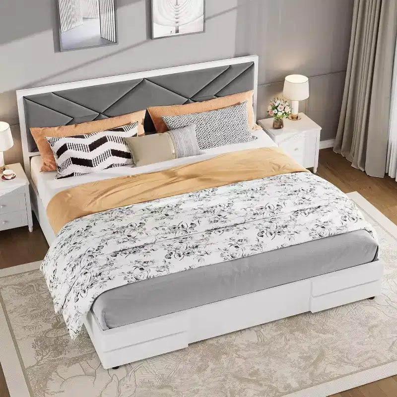 Upholstered Platform Bed with Padded Fabric Headboard, Sturdy Frame and Slats, No Noiseless, No Box Spring Required, Easy Assembly