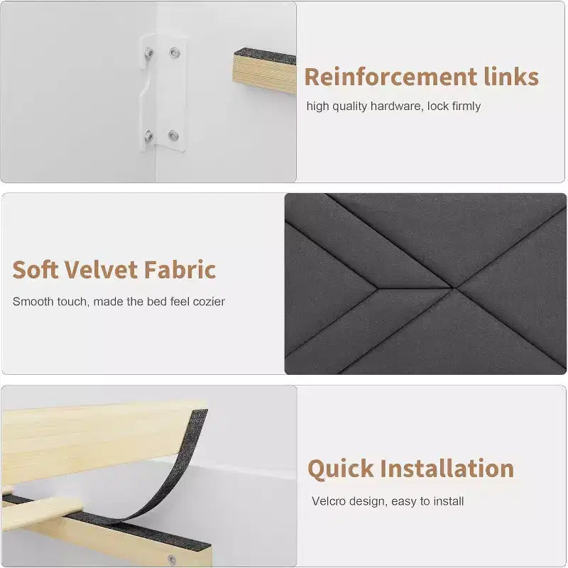 Upholstered Platform Bed with Padded Fabric Headboard, Sturdy Frame and Slats, No Noiseless, No Box Spring Required, Easy Assembly