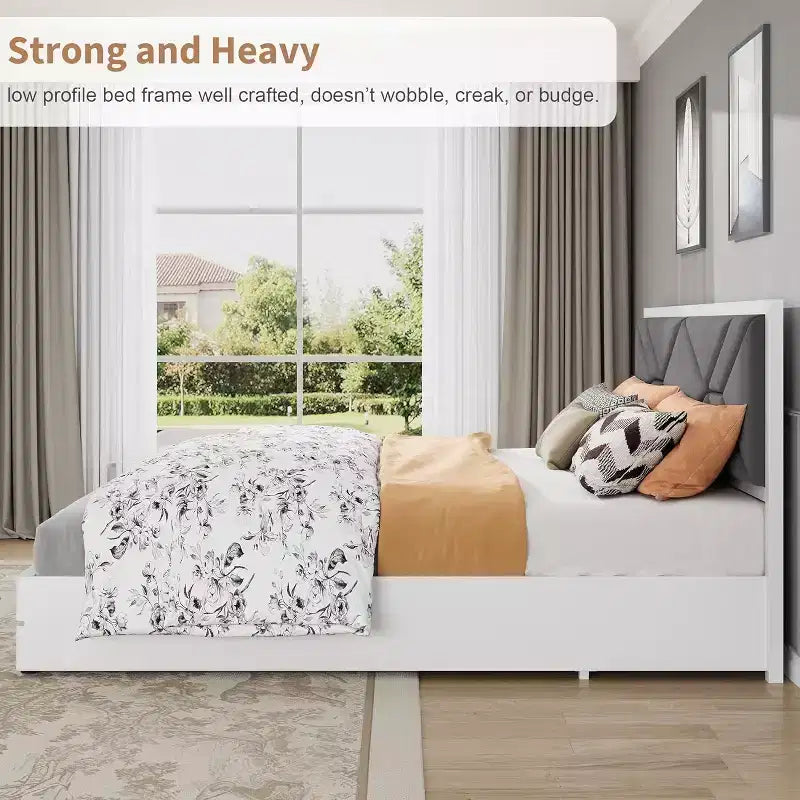Upholstered Platform Bed with Padded Fabric Headboard, Sturdy Frame and Slats, No Noiseless, No Box Spring Required, Easy Assembly