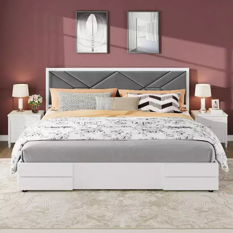 Upholstered Platform Bed with Padded Fabric Headboard, Sturdy Frame and Slats, No Noiseless, No Box Spring Required, Easy Assembly
