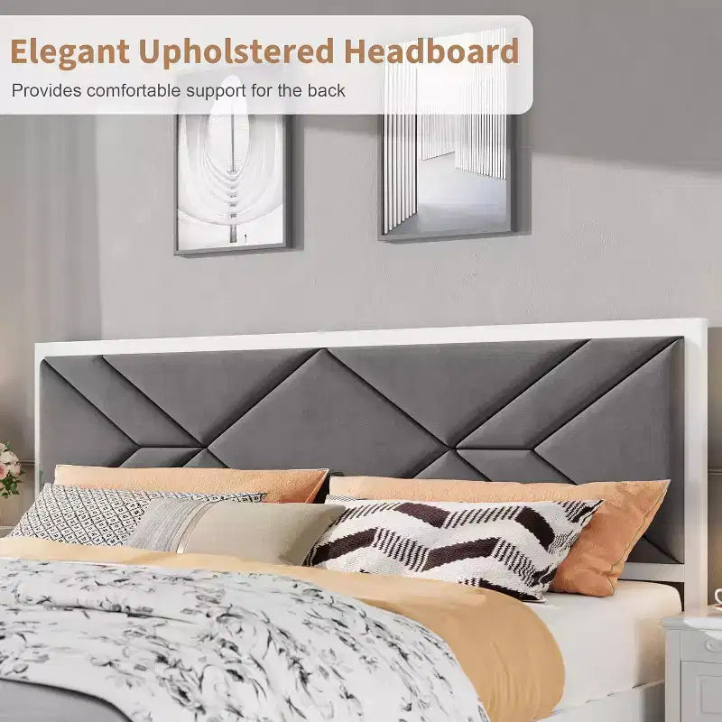 Upholstered Platform Bed with Padded Fabric Headboard, Sturdy Frame and Slats, No Noiseless, No Box Spring Required, Easy Assembly