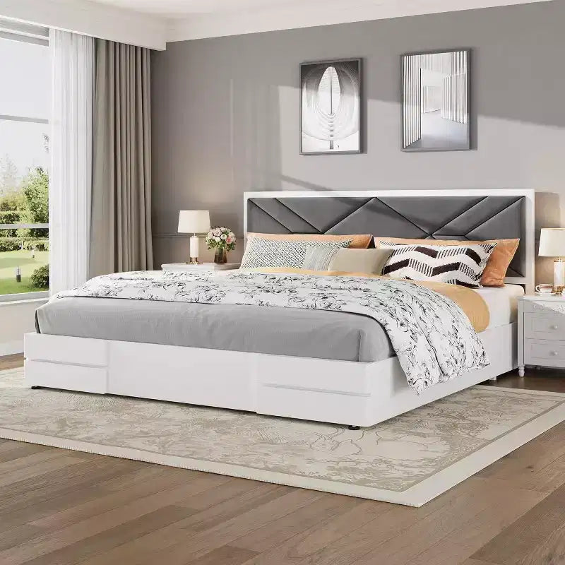 Upholstered Platform Bed with Padded Fabric Headboard, Sturdy Frame and Slats, No Noiseless, No Box Spring Required, Easy Assembly