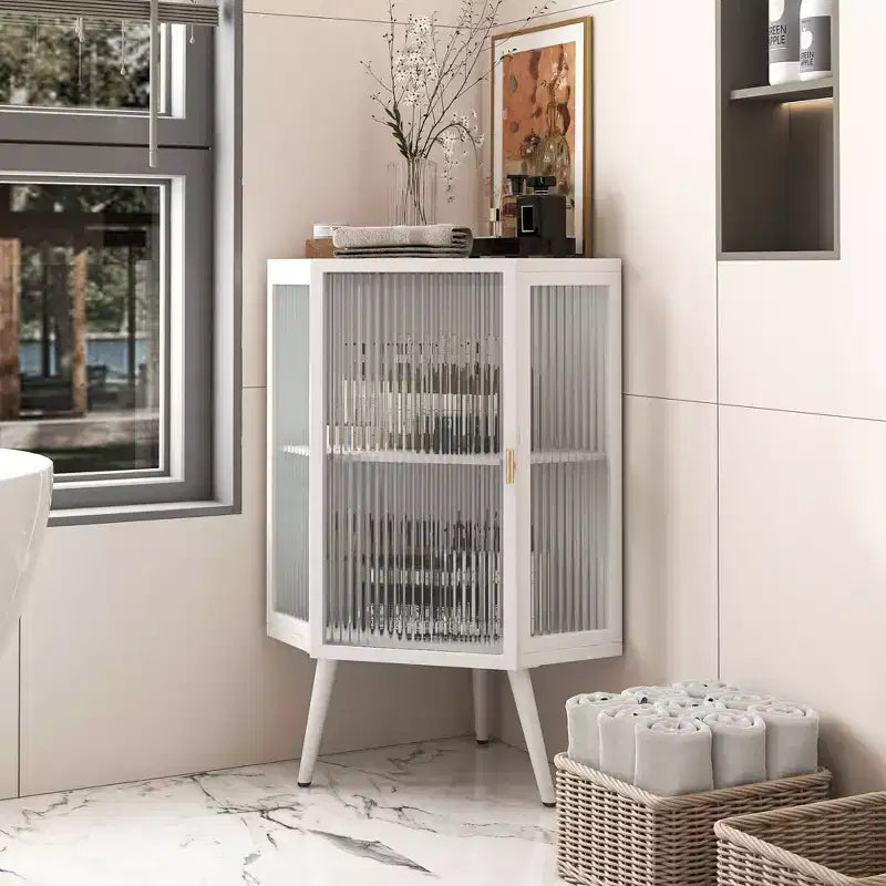 MAYEERTY 22.25 Floor Coner Cabinet with Tempered Glass Door & Storage Shelves for Bedroom Living Room Bedroom White