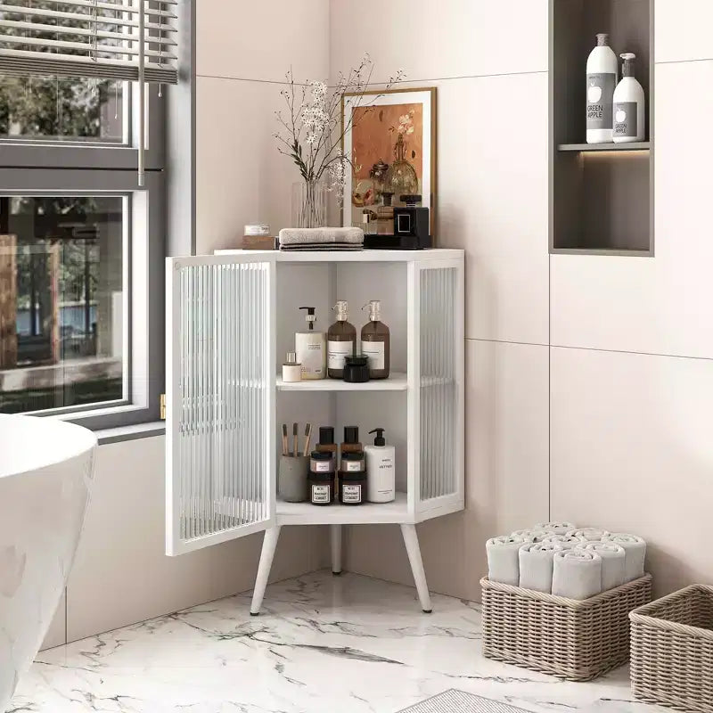 MAYEERTY 22.25 Floor Coner Cabinet with Tempered Glass Door & Storage Shelves for Bedroom Living Room Bedroom White