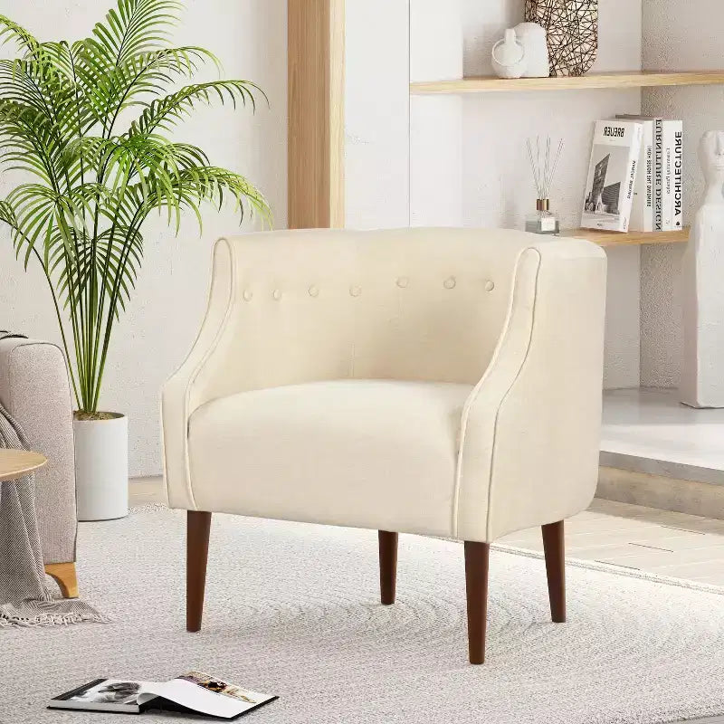 Modern Club Chair with Button-Tufted Back and Tonal Piping, Birch Wood Legs, for Living Room or Office