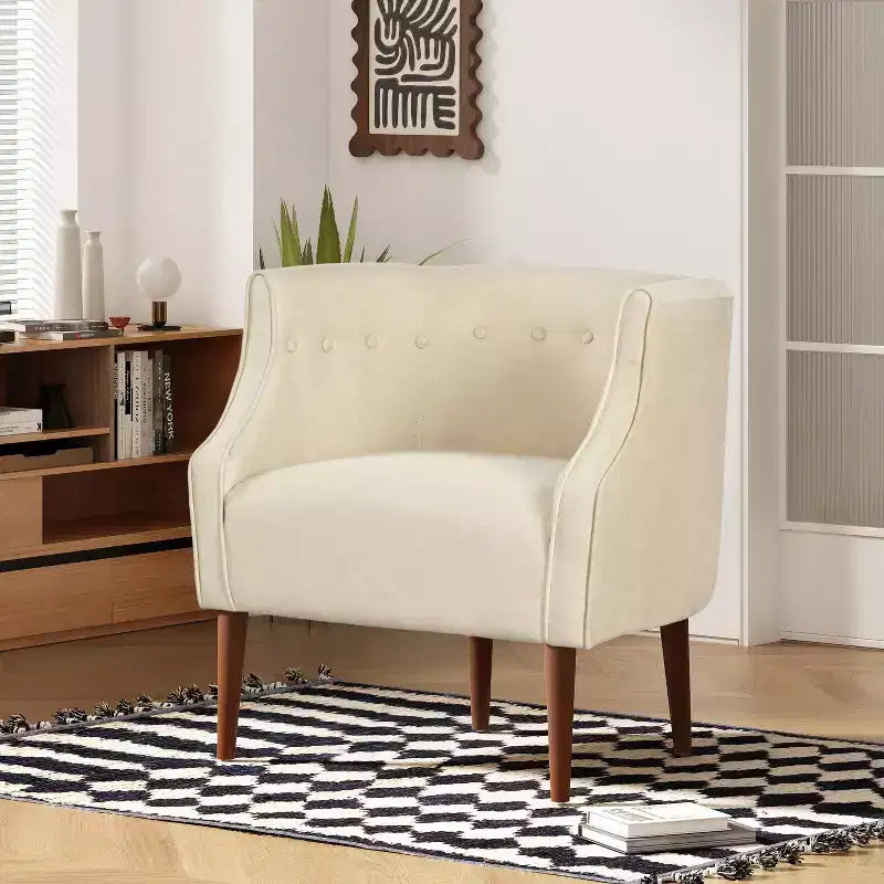 Modern Club Chair with Button-Tufted Back and Tonal Piping, Birch Wood Legs, for Living Room or Office