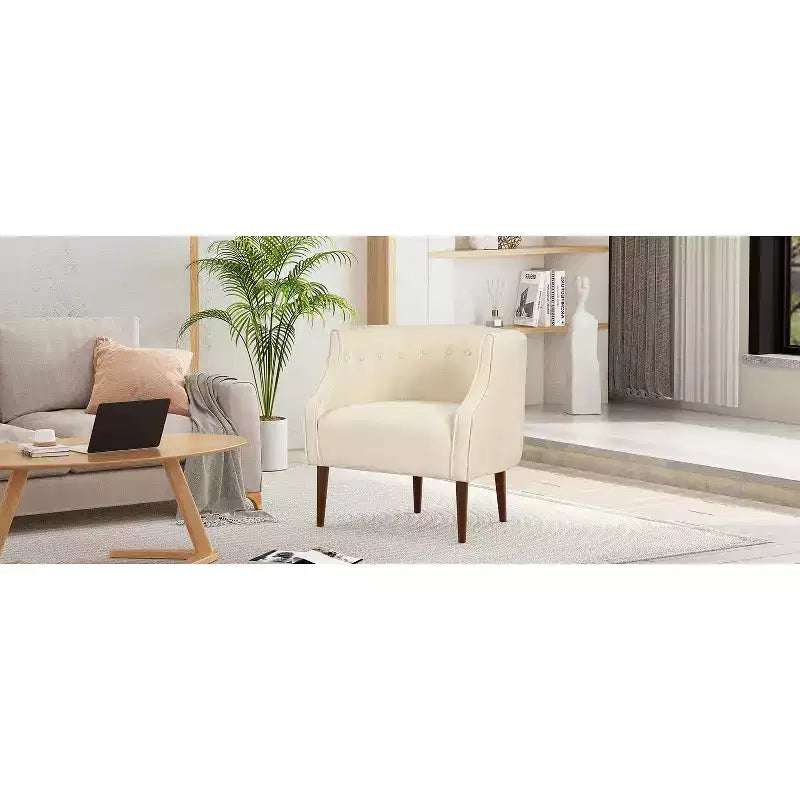 Modern Club Chair with Button-Tufted Back and Tonal Piping, Birch Wood Legs, for Living Room or Office