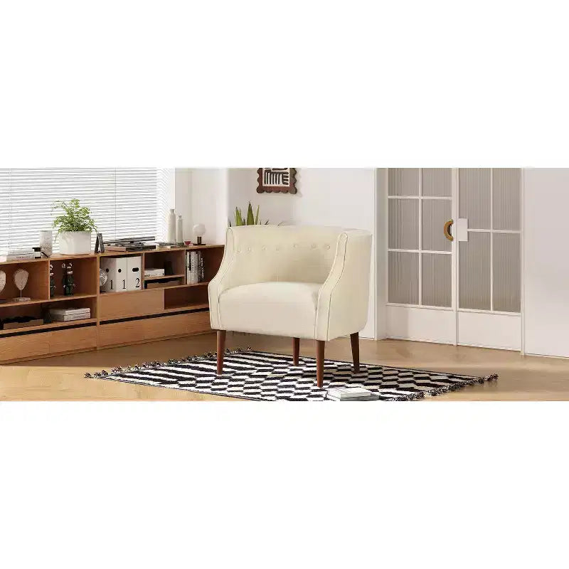Modern Club Chair with Button-Tufted Back and Tonal Piping, Birch Wood Legs, for Living Room or Office
