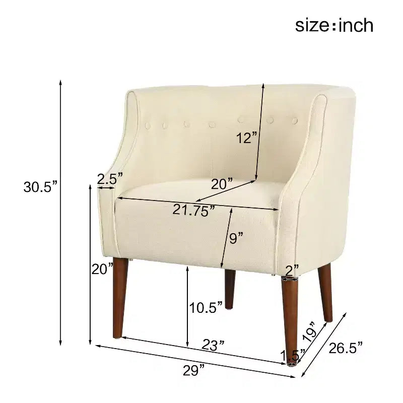 Modern Club Chair with Button-Tufted Back and Tonal Piping, Birch Wood Legs, for Living Room or Office