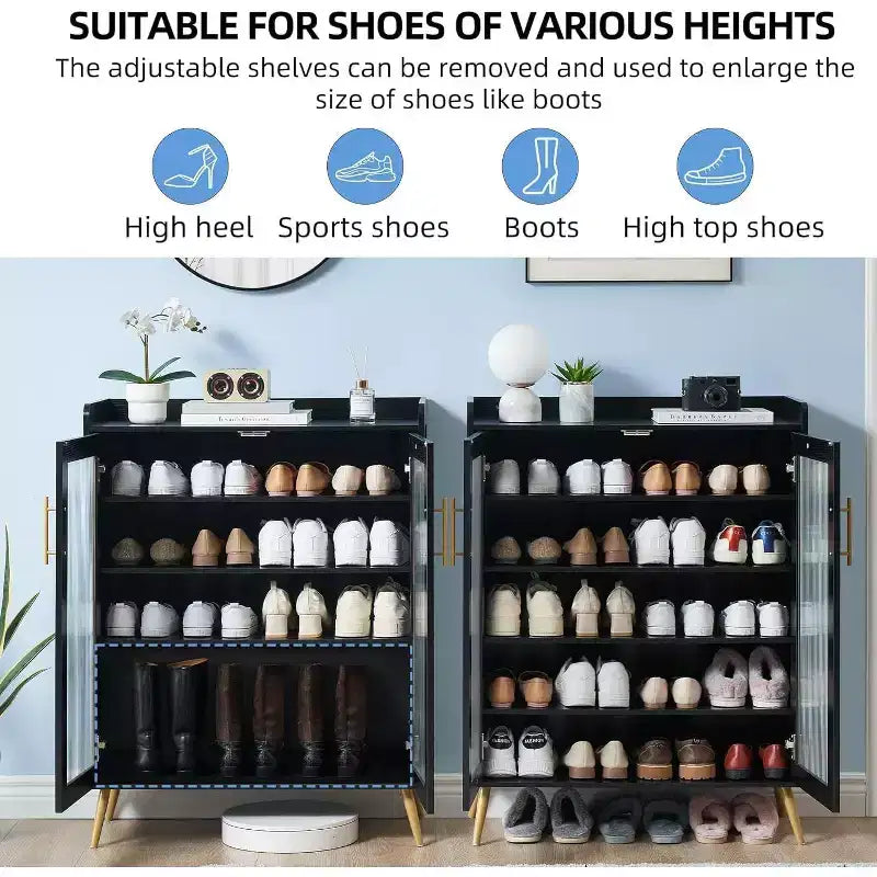 5-Tier Shoe Rack with Glass Front Doors, Durable Storage Organizer with Reinforced Support Legs, Modern Shoe Rack for Entrance or Front Door, Finish