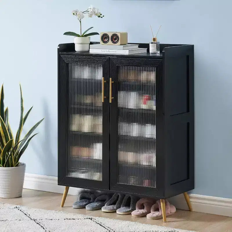 5-Tier Shoe Rack with Glass Front Doors, Durable Storage Organizer with Reinforced Support Legs, Modern Shoe Rack for Entrance or Front Door, Finish