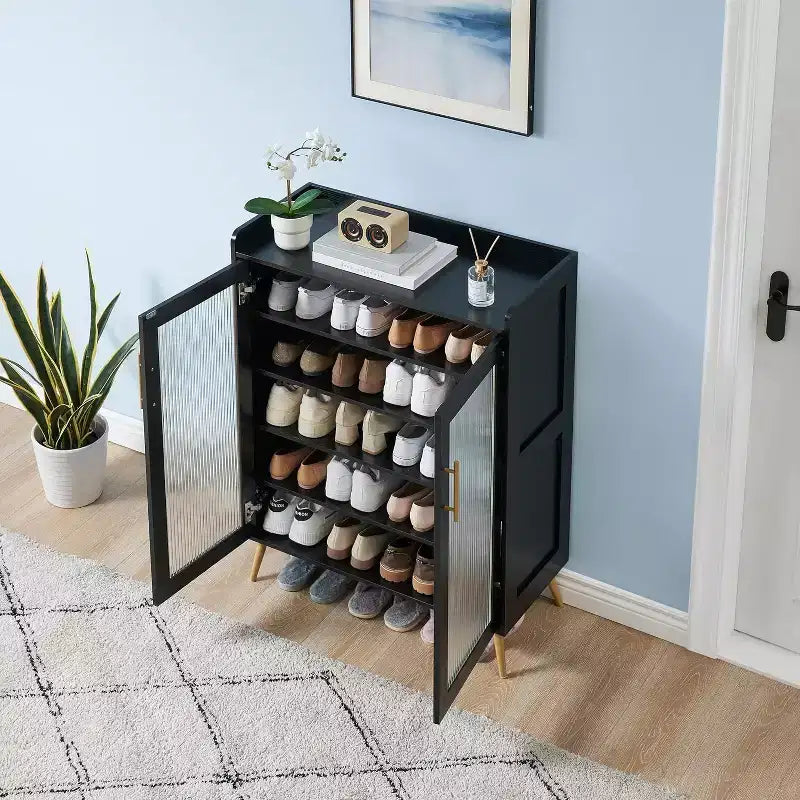 5-Tier Shoe Rack with Glass Front Doors, Durable Storage Organizer with Reinforced Support Legs, Modern Shoe Rack for Entrance or Front Door, Finish